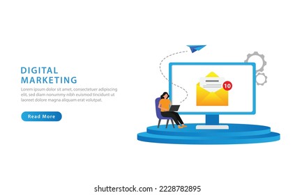 Digital marketing concept. Character opening advertising mail. E-mail marketing. Vector illustration