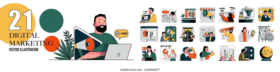 Digital marketing concept with character situations collection. Bundle of scenes people making advertising campaign, branding and online promotion, e-commerce. Vector illustrations in flat web design - Shutterstock ID 2250430277
