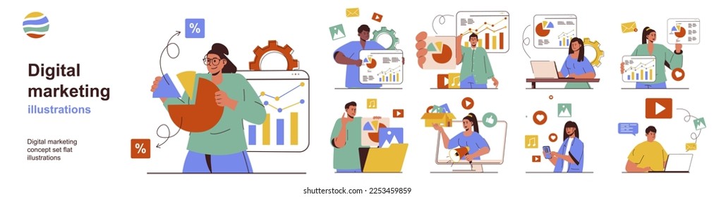 Digital marketing concept with character situations collection. Bundle of scenes people analyze graph data, create promotion strategy, plan and publish content. Vector illustrations in flat web design