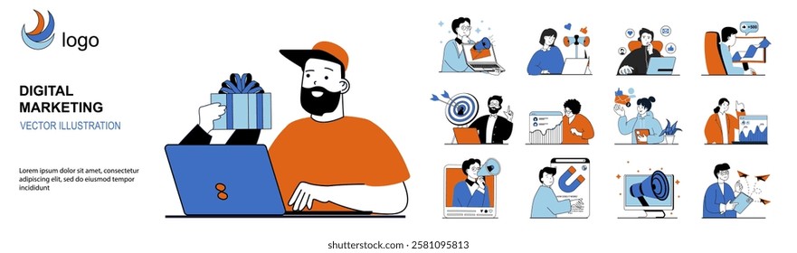 Digital marketing concept with character situations mega set in flat web design. Bundle of scenes people creating promote strategy, making online advertising with customer gifts. Vector illustrations.