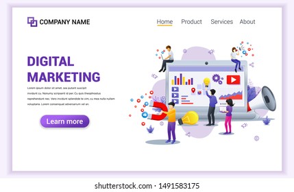 Digital Marketing concept with characters. Can use for banner, business analysis, content strategy, mobile app, landing page, web design template. Flat vector illustration