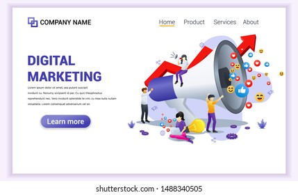 Digital Marketing concept with characters holding giant megaphone. Can use for banner, business analysis, content strategy, mobile app, landing page, web design template. Flat vector illustration