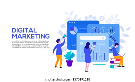 Digital marketing concept with characters. Vector illustration. Landing page template for web and mobile.