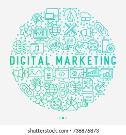 Digital marketing concept in circle with thin line icons: searching idea, development, optimization, management, communication. Vector illustration for banner, web page, print media.
