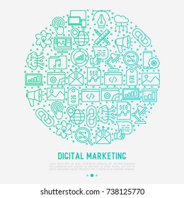 Digital marketing concept in circle with thin line icons: searching idea, development, optimization, management, communication. Vector illustration for banner, web page, print media.