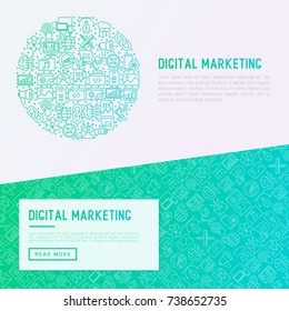 Digital marketing concept in circle with thin line icons: searching idea, development, optimization, management, communication. Vector illustration for banner, web page, print media.