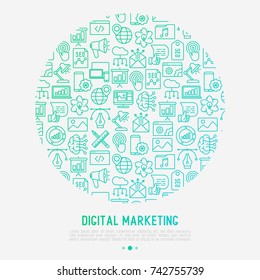 Digital marketing concept in circle with thin line icons: searching idea, development, optimization, management, communication. Vector illustration for banner, web page, print media.