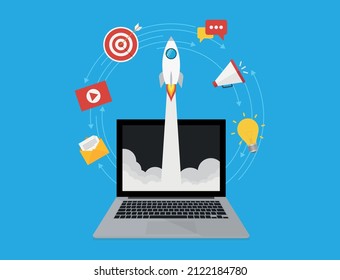 Digital Marketing concept with computer and startup elements.