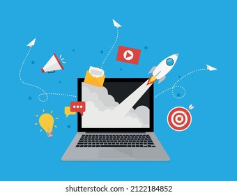 Digital Marketing concept with computer and startup elements.