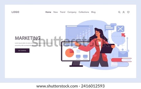 Digital Marketing concept. A confident marketer analyzes data and strategizes in a technology-driven workspace. Successful campaign planning and execution. Flat vector illustration