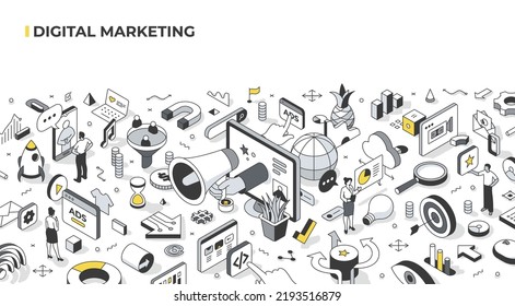 Digital marketing concept. Connecting with audience online to sell products and services with the Use of digital channels such as social media, email, SEO, mobile devices. Isometric illustration