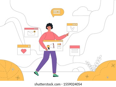 Digital marketing concept, content manager social media. Can be use for advertising, web banners, landing pages, presentations. Vector illustration in flat cartoon style.