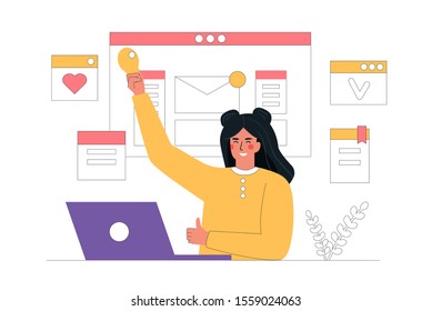 Digital marketing concept, content manager social media. Woman sits at a laptop and holds a light bulb in her hand - idea. Vector illustration in flat cartoon style.