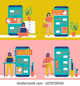Digital marketing concept, content manager. Cute young woman is working on a laptop. Mobile phone shows statistics and mail. Freelance worker. Set of vector flat cartoon illustrations.