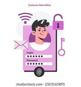 Digital marketing concept. Customer data ethics. Client profile, portfolio, marketing data storage and security police. Usage, management, and monitoring of information. Flat vector illustration