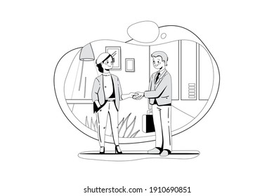 Digital Marketing concept. Customer handshaking with marketing agent. Flat illustration isolated on white background.