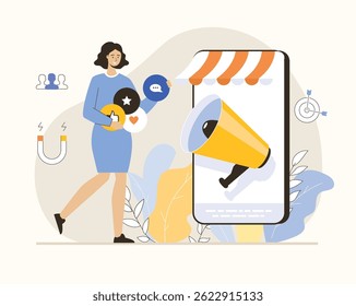 Digital marketing concept. Customers attracting, investors. Social network promotion, discount, bonus program. Flat vector illustration.	