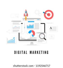 Digital Marketing Concept. Data Analysis. SEO Promotion. Vector Illustration