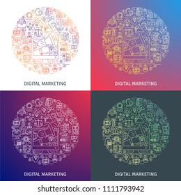 Digital marketing concept. Design template with thin line icons on theme commerce, start up, media strategy and business. Vector illustration