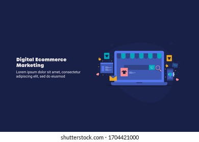Digital marketing concept, Ecommerce website, Selling products online - conceptual vector illustration with icons and texts