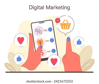 Digital Marketing concept. Engaging social media interactions captured with icons and notifications on a smartphone. E-commerce and customer engagement. Flat vector illustration