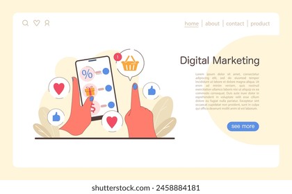 Digital Marketing concept. Engaging social media interactions captured with icons and notifications on a smartphone. E-commerce and customer engagement. Flat vector illustration