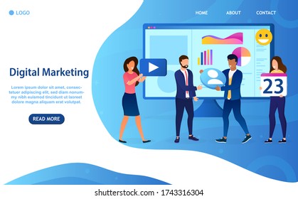 Digital Marketing Concept. Experts place icons on the monitor screen to improve efficiency. Advertising and promotion on social networks. Posting strategy and attracting new customers. Flat Vector