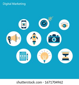 digitales Marketingkonzept, flaches Design auf blauem Hintergrund