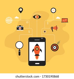 digital marketing concept flat design on yellow background