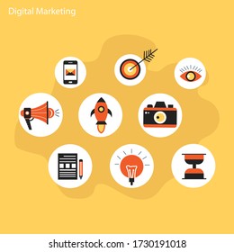 digital marketing concept flat design on yellow background