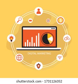 Digital marketing concept flat design on yellow background