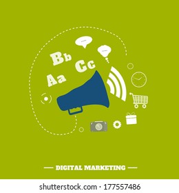 Digital marketing concept. Flat design stylish megaphone with application icons