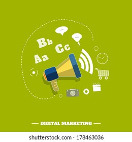 Digital marketing concept. Flat design stylish megaphone with application icons