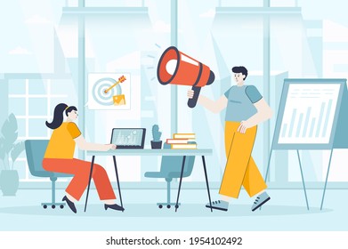 Digital marketing concept in flat design. Marketers team works in office scene. Teamwork to promote business, advertise, attract customers. Vector illustration of people characters for landing page