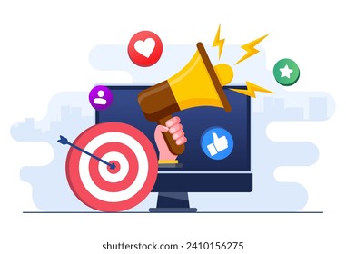 Digital marketing concept flat illustration vector template, Social media campaign, Promotion, E-commerce, Marketing agency, Megaphone on laptop screen