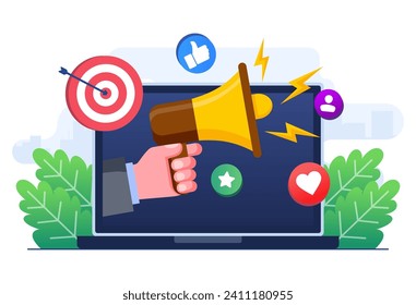 Digital marketing concept flat illustration vector template, Social media campaign, Promotion, E-commerce, Marketing agency, Megaphone on laptop screen