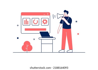 Digital marketing concept in flat line design with people scene. Man with megaphone makes advertising, creates and shares viral promo content, promoting in social networks. Vector illustration for web