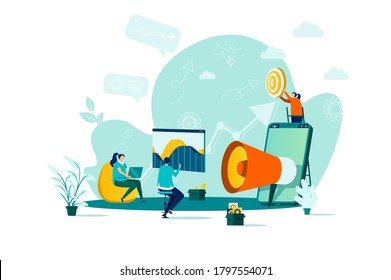 Digital Marketing Concept In Flat Style. Marketers Team Doing Market Research Scene. Business Analytics And Customer Targeting Web Banner. Vector Illustration With People Characters In Work Situation.