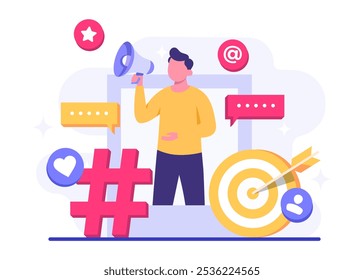 Digital marketing concept flat vector illustration, Business content strategy, Influential marketing, Social media campaign, Promotion, E-commerce, Marketing agency, Attracts new customers