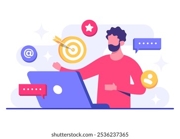 Digital marketing concept flat vector illustration, Business content strategy, Influential marketing, Social media campaign, Promotion, E-commerce, Marketing agency, Attracts new customers