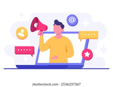 Digital marketing concept flat vector illustration, Business content strategy, Influential marketing, Social media campaign, Promotion, E-commerce, Marketing agency, Attracts new customers