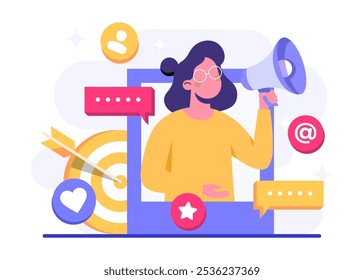 Digital marketing concept flat vector illustration, Business content strategy, Influential marketing, Social media campaign, Promotion, E-commerce, Marketing agency, Attracts new customers