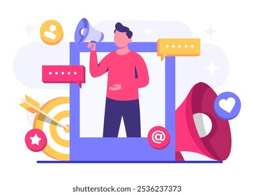 Digital marketing concept flat vector illustration, Business content strategy, Influential marketing, Social media campaign, Promotion, E-commerce, Marketing agency, Attracts new customers