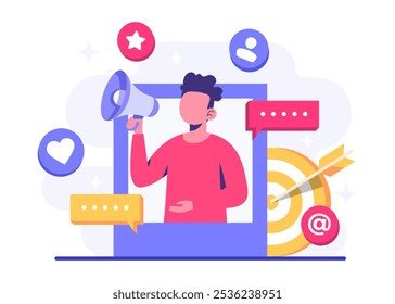 Digital marketing concept flat vector illustration, Business content strategy, Influential marketing, Social media campaign, Promotion, E-commerce, Marketing agency, Attracts new customers