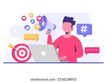 Digital marketing concept flat vector illustration, Business content strategy, Influential marketing, Social media campaign, Promotion, E-commerce, Marketing agency, Attracts new customers