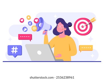 Digital marketing concept flat vector illustration, Business content strategy, Influential marketing, Social media campaign, Promotion, E-commerce, Marketing agency, Attracts new customers