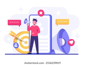 Digital marketing concept flat vector illustration, Business content strategy, Influential marketing, Social media campaign, Promotion, E-commerce, Marketing agency, Attracts new customers