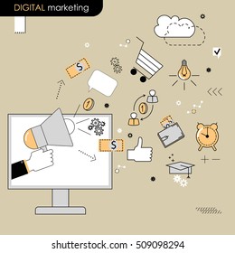 Digital marketing concept. The hand holding a megaphone. Vector flat line