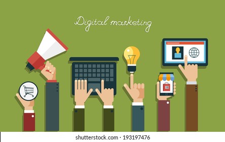 Digital Marketing Concept.  Human Hand With A Megaphone, Laptop, Mobile, Tablet, Lightbulb, Baskets