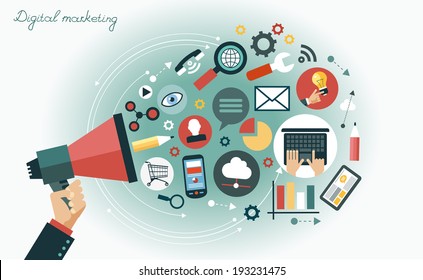 Digital Marketing Concept. Human Hand With A Megaphone Surrounded By Media Icons 